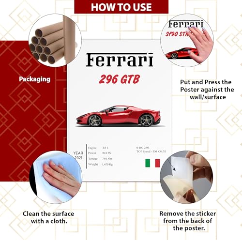 Image of Wonder hub Wall Posters 8x12 inch (A4 Size) Included Self Adhesive on Back Wall Decor Posters Wall Art For Bedroom, Living room, Office, Dining Room (Ferrari)