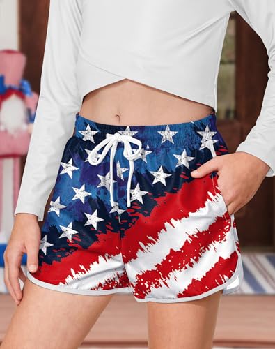Image of BesserBay Girls 4th of July Elastic Waist Beach Swim Shorts American Flag Trunks with Pockets 5-14 Years