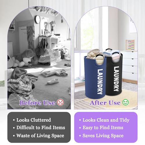 Image of 2Pcs 95L Collapsible Laundry Basket for Men, Tall Laundry Basket with Handles, Dirty Clothes Hamper in 600D Oxford Fabric, Freestanding Clothes Hampers for Bedroom, Dorm, Navy Blue + Black