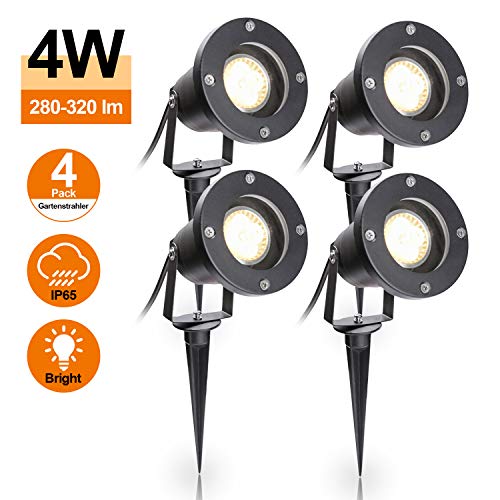 Hengda® Lot de 4 spots de jardin,GU10, LED COB 4 W, étanches, Blanc chaud, avec piquet, IP65