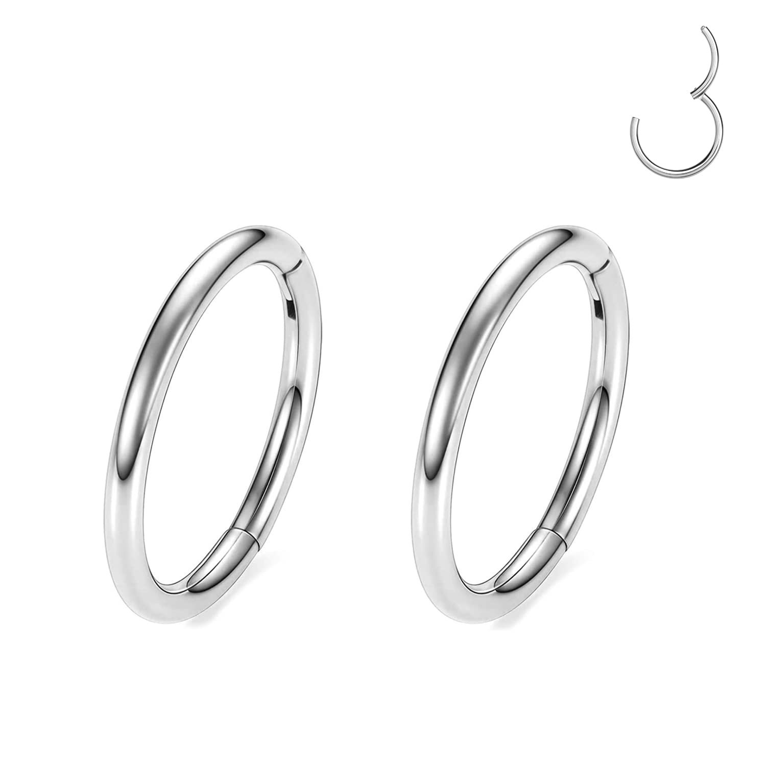 MissNity 316L Surgical Steel Hinged Nose Rings Hoop 20G 18G 16G 14G, Diameter 6mm to 10mm, Color Gold - Rose Gold - Silver - Black - Rainbow