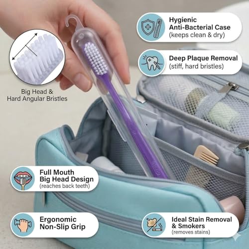 Image of MAXI Angular Hard Bristles Toothbrush with Anti-Bacterial Travel Case | Big Brush Head for Deep Plaque Removal & Stain Cleaning | Multicolor Pack of 6