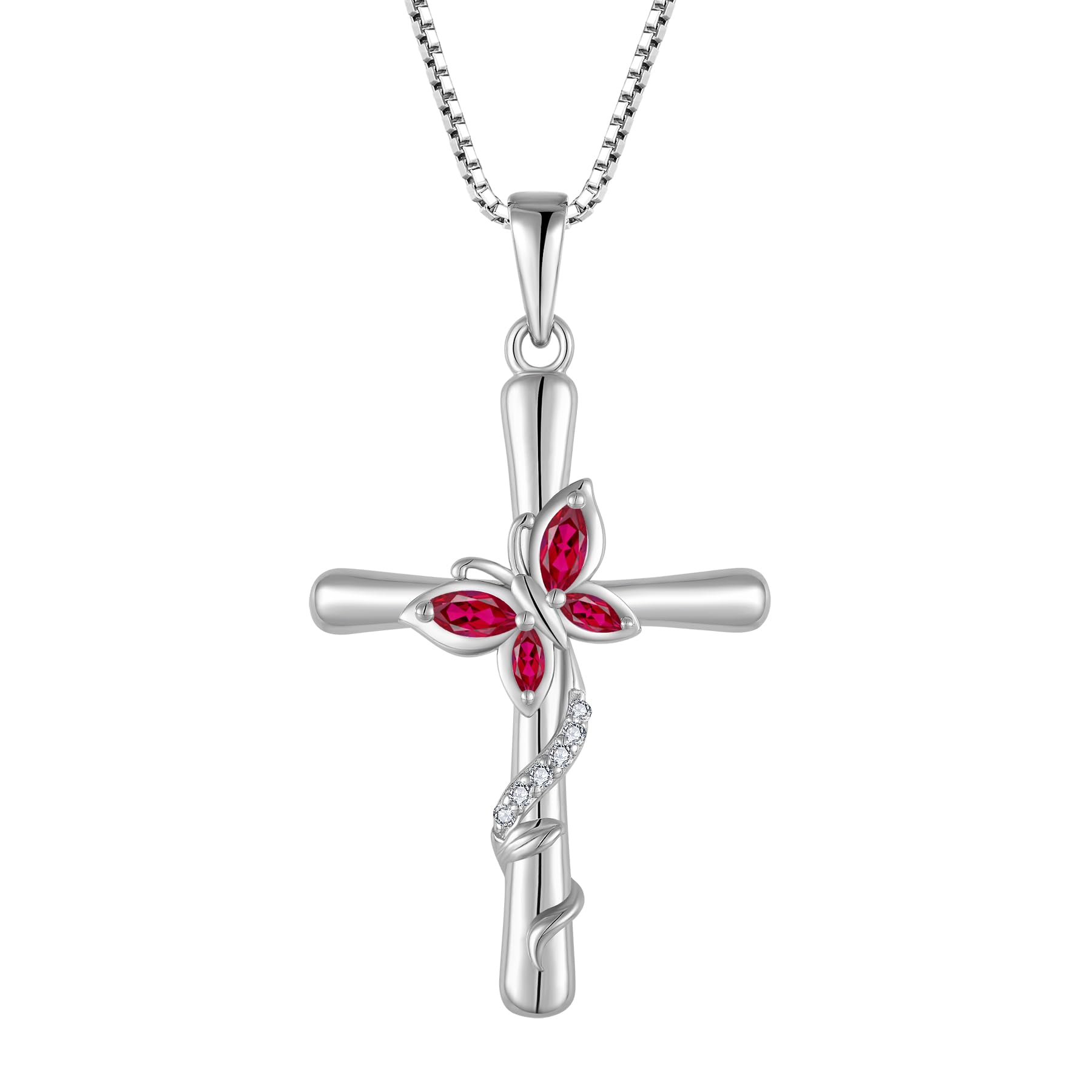 Blaniy Cross Necklace for Women 925 Sterling Silver Butterfly Necklace Birthstone Pendant Created Gemstone Jewelry Gifts for Women