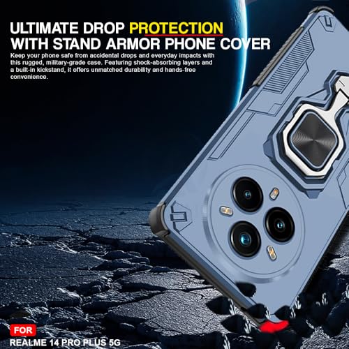 Image of AESTMO Armor Back Cover for Realme 14 Pro Plus 5G | Ring Holder & Kickstand & Camera Protection in-Built | 360 Degree Protection Back Case Cover (Blue)