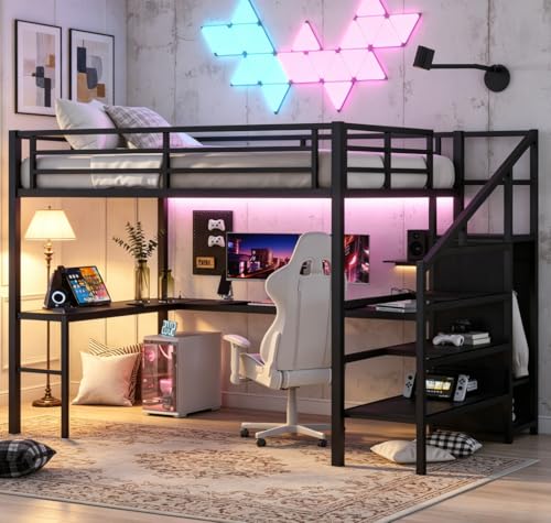 Image of Bellemave Queen Size Loft Bed with Desk and Wardrobe Storage Stairs and Wardrobe, LED USB, Loft Bed for Teens Metal, Black