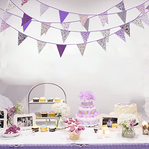 Image of Zwiebeco 39Ft Purple Floral Fabric Bunting Banner Triangle Flag Party Decorations Hanging Cotton Rustic Vintage Flowers Garland Pennant for Wedding Birthday Tea Nursery Home Outdoor Garden Supplies