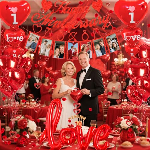 Image of Happy Anniversary Decorations Set - Happy Anniversary Banner and Balloons, Photo Banner, I Love You and Red Heart Balloons with Rose Petals for Weddings, Valentine's Day and Anniversaries
