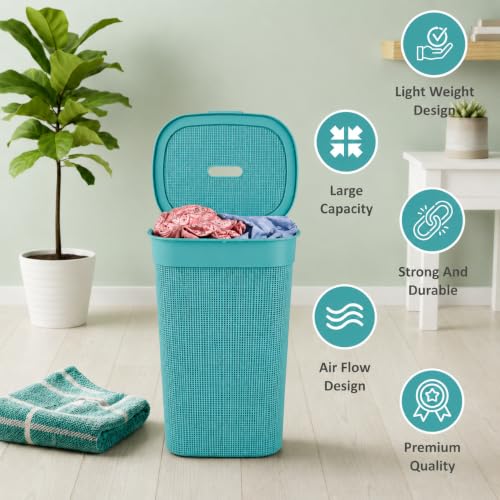 Image of KITCHIVO Plastic Large 55 Ltr Laundry Basket with Lid & Handle | Multipurpose Hamper Bins Storing Washable Clothes, Blankets | Household Ideal for Home & Bathroom (Woods Firoza)
