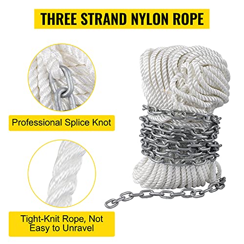 Vevor Anchor Rope And Anchor Chain, 15' X 5/16" Boat Anchor Chain And 1/2" X 200' Nylon Rope With 12" Extended Anchor Rope, Galvanized Anchor Lead Chain And Three Strand Nylon Rope For Boats #TOP3