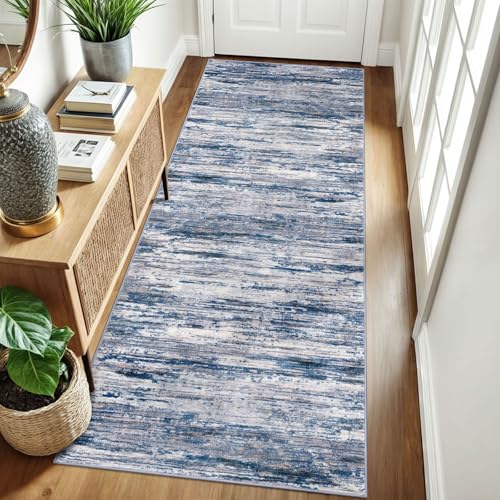 3x8 Navy Blue Gray Neutral Multi Modern Abstract Runner Rug for Hallways, Super Soft Hallway Decor Kitchen Rugs with Non-Slip, Non-Shedding Washable Rug for Entryway Bedroom Indoor
