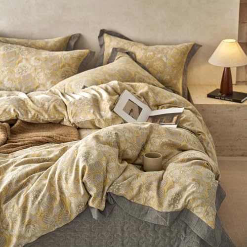 VM VOUGEMARKET Yellow Flower Duvet Cover Queen,3 Pieces Retro Jacquard Golden Floral Bedding Set,Linen Cotton Yarn-Dyed Textured Duvet Cover with Zipper Closure