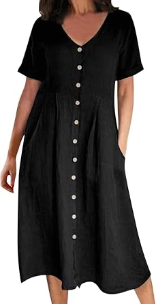 Womens Casual Button Down Cotton Linen Maxi Dress Summer Loose Plus Size T Shirt Dresses Beach Dress with Pocket