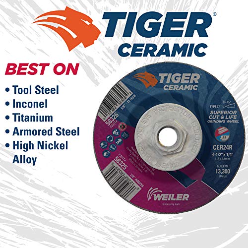 Image of Weiler 58326 4-1 /2 x 1 /4 Tiger Ceramic Type 27 Grinding Wheel CER24R 5 /8-11 Nut (Pack of 10)