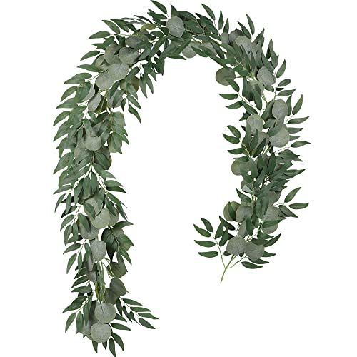 Famibay Artificial Eucalyptus and Willow Garland Greenery Eucalyptus Vines 6.5Ft Green Leaves Garland Hanging Plant for Wedding Wall Table Runner(1Pcs)