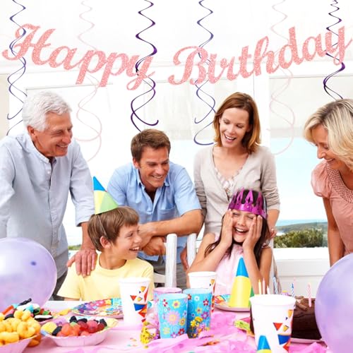 Image of Purple Lilac-Lavender Pink Women Birthday Party-Decorations - 21pcs Happy Banner,Paper Lanterns Honeycomb,Tissue Pom Poms Flower Fan,Classroom Hanging Streamers Garland,Girls Decor Supplies Huglony