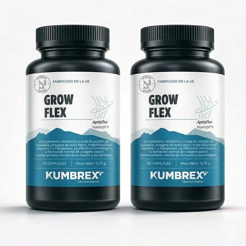 GROW FLEX Suplemento para Articulaciones con Boswellia Serrata AprèsFlex®, Colágeno Tipo II Nuvicol®, Ácido Hialurónico, Vitamina C y Manganeso. Soporte para Huesos y Cartílago (2 x 30 capsulas)