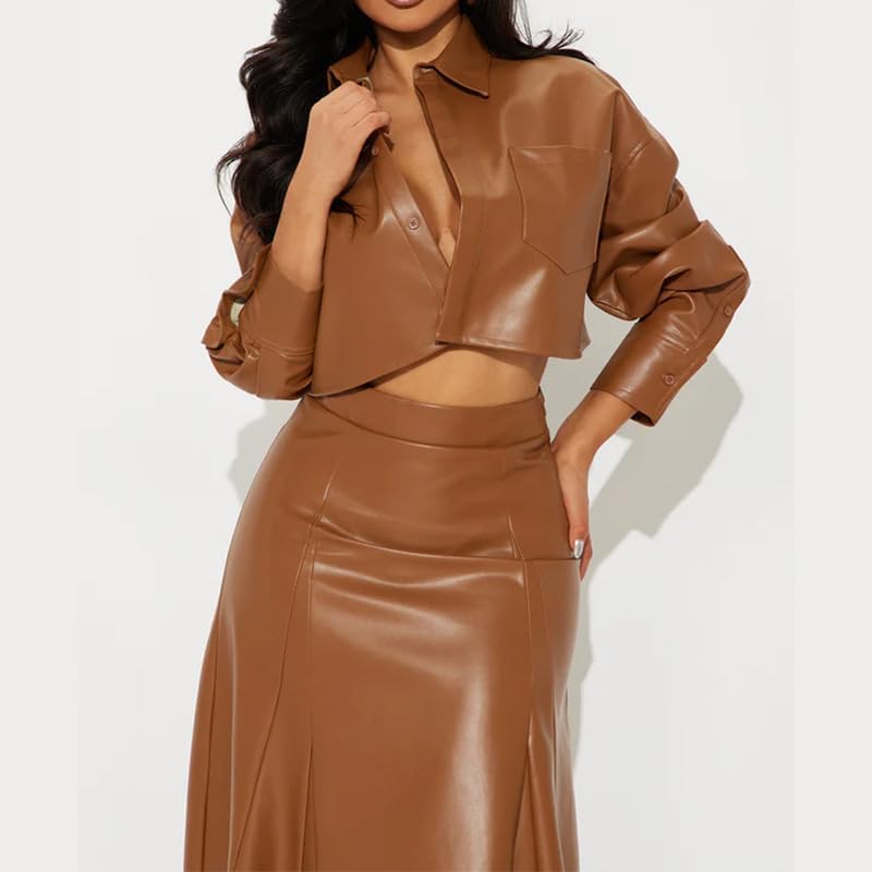 Womens PU Leather Outfits Long Sleeve Lapel Sexy Shirt Top Maxi Skirt Going Out Casual Set - Image 2