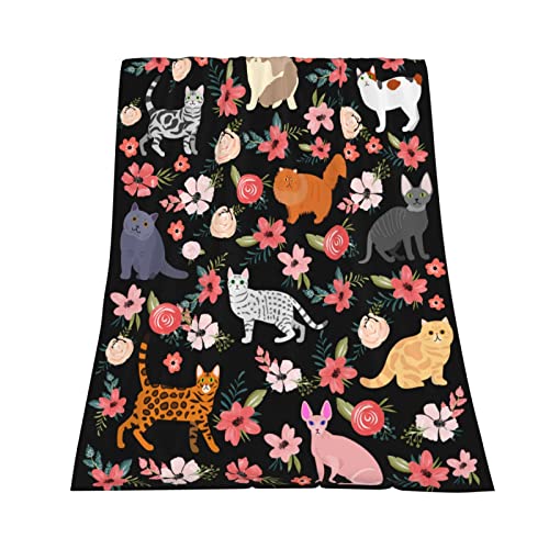 Wzomt Cute Cat Blanket For Girls Women,Cartoon Kawaii Cats With Floral Flowers On Black Throw Quilt For Kitten Cat Lovers,Super Cozy Warm Plush Blanket For Living Room,Bedroom,Sofa,60"X50" #TOP2
