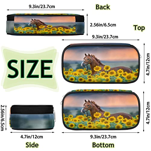 Image of Pardick Horse Sunflower Big Capacity Pencil Pen Case Horse Flower Large Pencil Pouch with Zipper Compartments Pencil Bag for Boys Girls Adults Student Office School Supplies