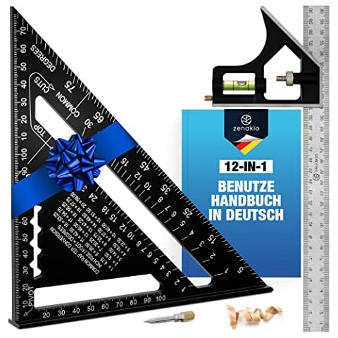 Zimmermannswinkel (Set of 2) - Komplettes Set mit Anschlagwinkel 12-IN-1 - Schreinerwinkel Metall 185mm + Schmiege Anreißwerkzeug 300mm - Winkel Holzbearbeitungswerkzeug - Mit Winkelmesser Cover