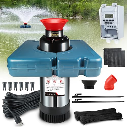 Goldlife Pond Fountain Aerator F2-2 1HP 750W 110V Stainless Steel Floating Fountain With 100 Feet Power Cord Timer Aerating Fountain Pond Cascade Pump for Small Large Ponds Lake Jet System