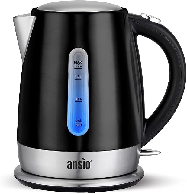 ANSIO Electric Black Stainless Steel Kettle 1.7L Cordless Kettle 3000W Removable Filter, Boil Dry Protection & Auto Shut Off