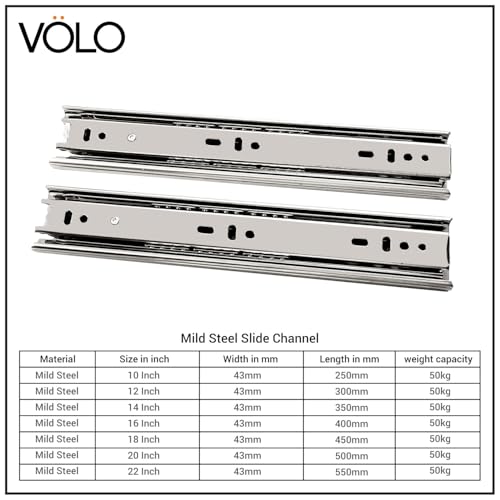 Image of Volo Heavy Duty Drawer Slides, Full Extension Ball Bearing Runners | Pack of 2 Piece | Channels for Kitchen Cabinets, Wardrobes, and Dressers (Mild Steel, 12 Inch)