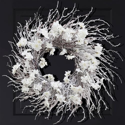 BINFEN 24 Inch Snow Flocked Twig Winter Wreath with...