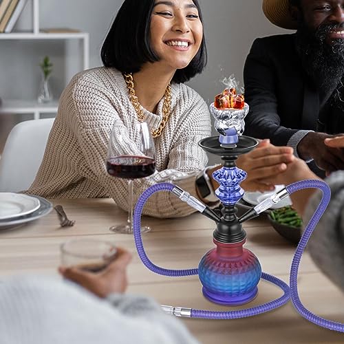 12‘’ Hookah Set 2 Hose Shisha Hookah Set With Everything - Modern Glass Vase, 50 Hookah Foil, 50 Hookah Tips (Blue) #TOP6