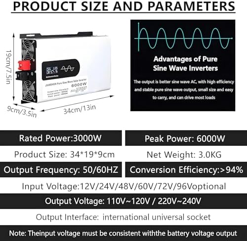 3000W Power Inverter, 6000W Peak, Pure Sine Wave DC to AC Converter, LCD Display, Multiple Outlets, Ideal for RV, Solar, Wind, Boat, Truck, 24V to 110V