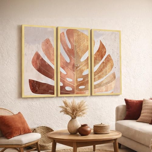 Image of PAINTINGMANTRA Abstract Botanical Framed Wall Art Set of 3 | Modern Boho Leaf & Landscape Prints | Engineered Wood Frame Wall Decor for Living Room, Bedroom & Office, 8.9x18.9 Inch