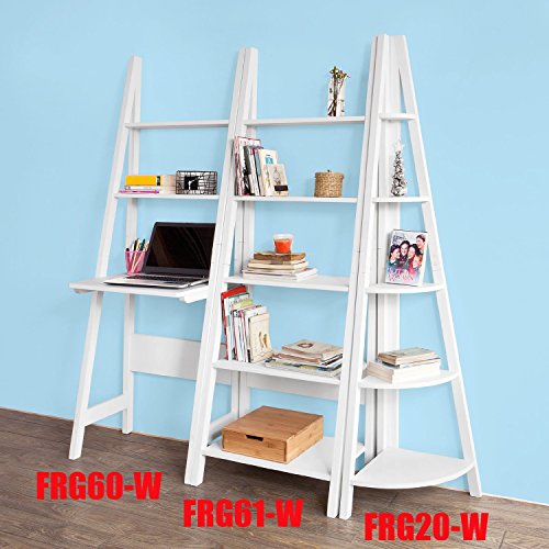 Haotian FRG61-W, Modern 5 Tiers Ladder Shelf Bookcase, Wood Storage Display Shelving, Wall Shelf, W64xD39xH180cm, White
