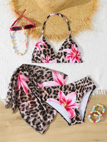 Image of SEGT Girl's 3 Piece Striped Bikini Swimwear Cute Swimsuits Bathing Suit High Waisted with Cover Up Beach Skirt