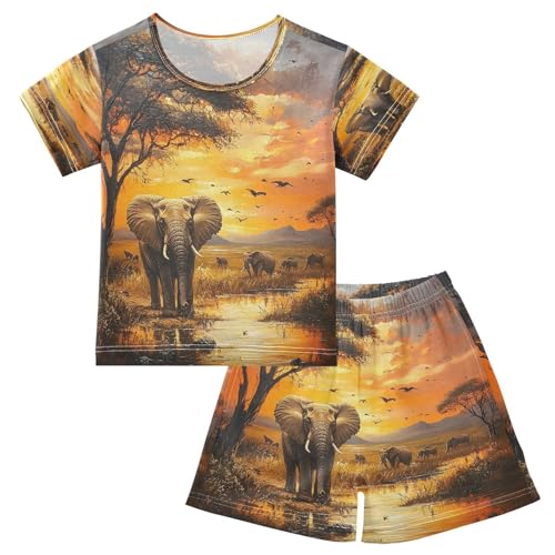 ALAZA Sunset Bird Elephant Pajamas Set Short Sleeve Cotton Sleepwear Summer Pjs 2 Piece 5-14Y