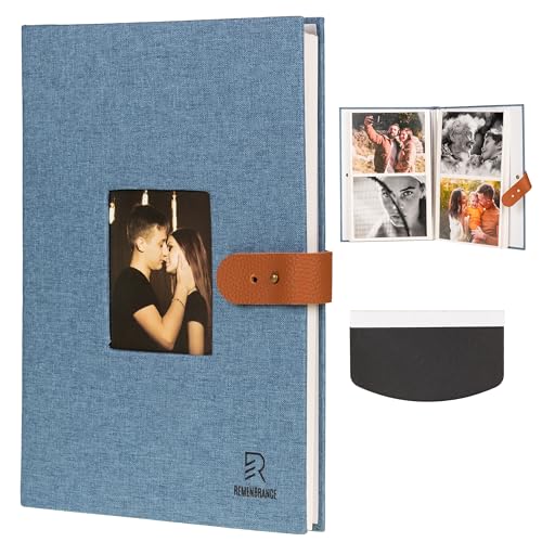 Album Fotografico Autoadesivo in Lino 29x21 cm, con Foto di Copertina e Chiusura a Bottoncino (Blu)