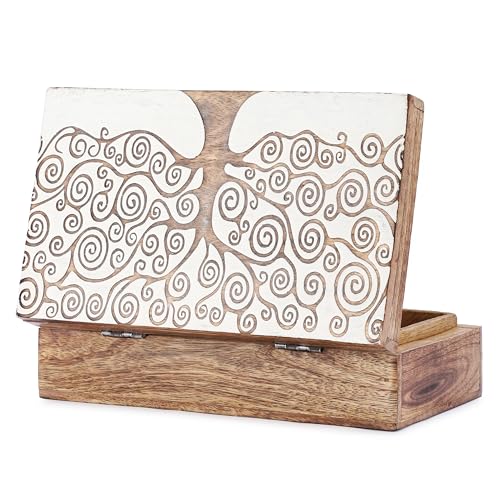 Ajuny Boîte de Rangement Décorative en Bois Faite à la Main Motif Arbre de vie Coffre au Trésor Blanc Organisateur de Cadeaux 8x5 pouces