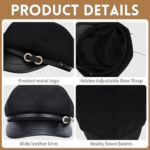 طاقية نيوزبوي للنساء والرجال من تزويق، قبعة بيريه انيقة من جلد البولي يوريثين، قبعة رائعة بتصميم ثماني الاضلاع للترفيه في الهواء الطلق في الخريف والشتاء (اسود)