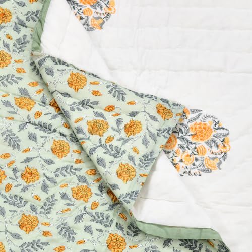 Image of BLOCKS OF INDIA Cotton Single Size Quilt Hand Block Print for Light Winters (60x90 Inches) (Green
