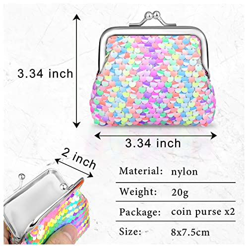 Change Purse 2 Packs, Nylon Coin Purse for Women and Girls, Double Sided Sequin Coin Purses Coin Wallet with Kiss Lock Closure, Colorful Coin Pouch for Change, Keys, Lipstick2