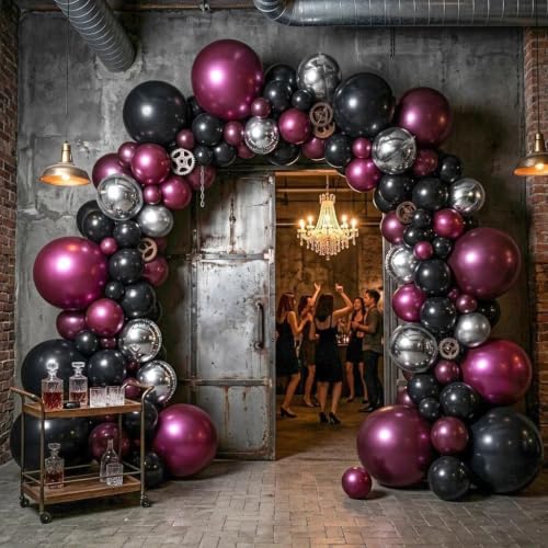 Image of Double Stuffed Black Purple Balloon Arch 4D Silver Round Foil Balloon Kit | Plum Black Silver Balloon Garland For Wednesday Halloween Vampire Gothic Birthday Graduation Prom Party Decoration