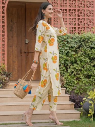 Image of INDO ERA Women Cotton White Printed Straight Kurta Pant Set
