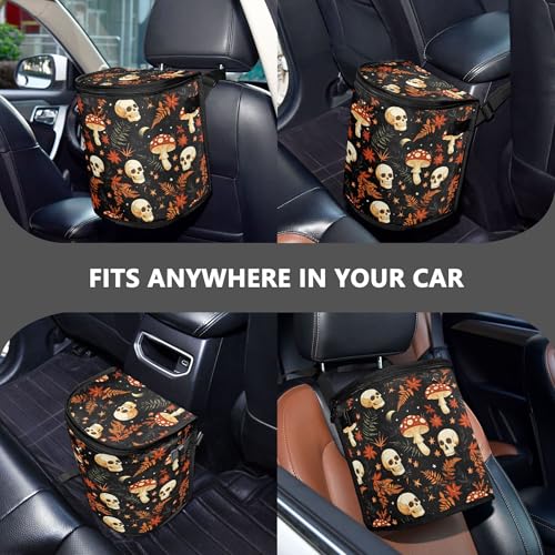 Image of MNSRUU Car Trash Can with Lid, Mushrooms Skull Car Trash Bag Hanging Organizers and Storage for Front Back Seat, Leak-Proof Trash Bin