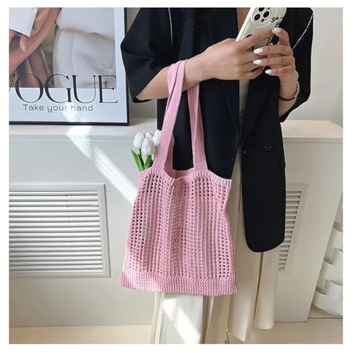 Image of Pink Crochet Tote Bag, Large Woven Beach Bag, Handbag Knit Bag for Women, Summer, All Seasons, 15 x 9.5x 4.3 inches