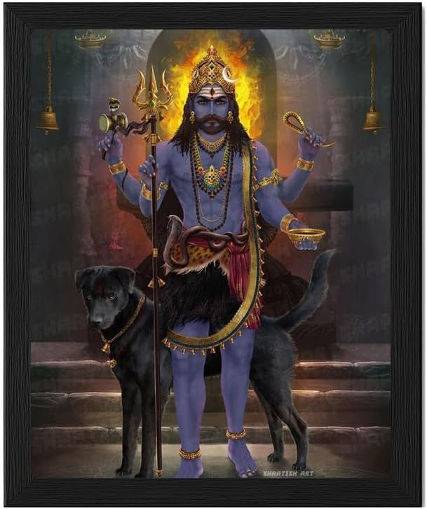 Kal Bhairav 8x10 Inch Photo Frame – Fierce Avatar Wall Art with Dog & Trident | Synthetic Wood Black Frame | Powerful Hindu Deity Poster for Home, Office, Pooja Room & Spiritual Decor