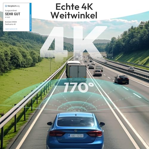 BOTSLAB Dashcam Auto Vorne Hinten, 4K Dashcam Auto GPS mit WiFi, Dual Autokamera mit 64GB SD Karte...