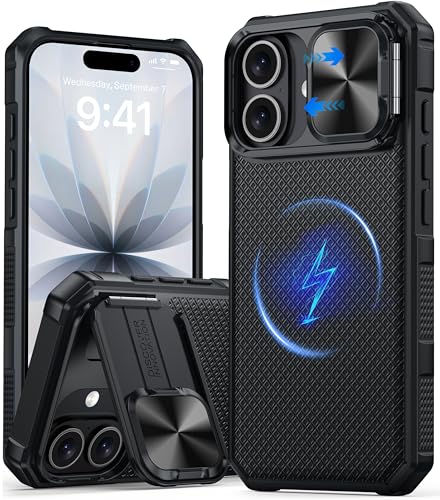 Image of Magnetic for iPhone 17 Case [Slide Camera Cover] [Compatible with Magsafe] [Kickstand] [Military Grade Protection] Shockproof Rugged Case for iPhone 17,Black