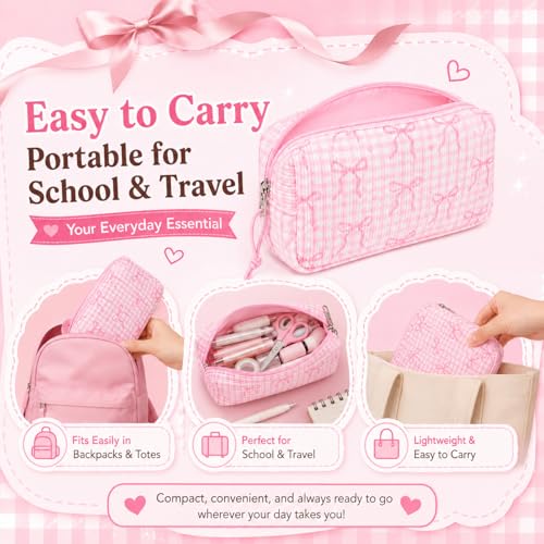 Image of LEDAOU Cute Pencil Case for Kids Girls Boys Pencil Pouch kawaii Pen Pencil Box Bag Holder for School Students (Corduroy Pink Bow Checkered)