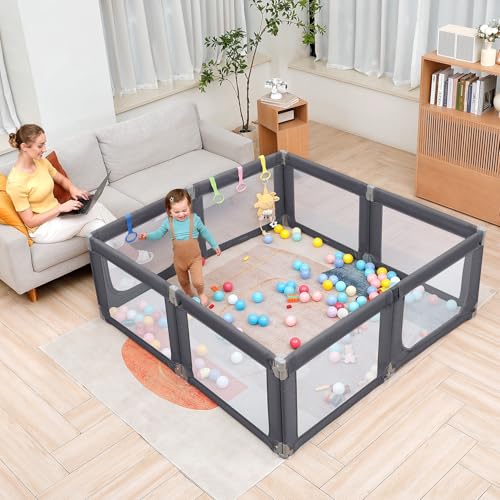 Image of Dripex Baby Playpen, 71 inchx69 inch Extra Large Play Pen for Babie, Grey | Foldable, Variable Shape, 8 Removable & Assemblable Panels, Breathable Visible Mesh, Indoor /Outdoor Use