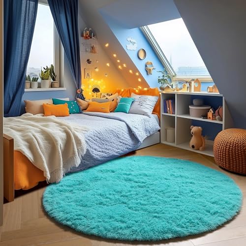 Teal Blue Fluffy Round Rug Circle Area Rugs 4ft for Kids Girls Boys Bedroom