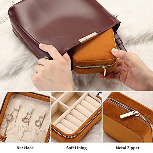 Image of Plush Velvet Travel Jewelry Case Organizer, Small Portable Display Storage Box For Rings, Earrings, Necklaces, Gift for Mother Mom, Girl, Daughter, Sisters, Bridesmaids, Mother's Day Gift (Caramel)